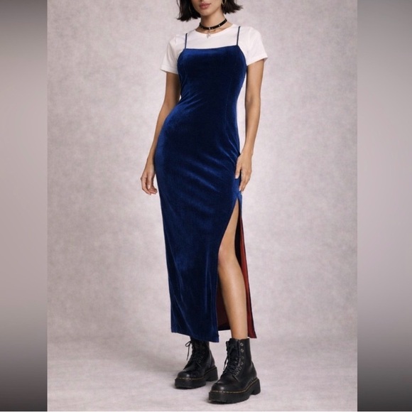 Finesse Dresses & Skirts - Vintage Finesse USA Blue Velvet Side Split Spaghetti Strap 90s Maxi Dress Gown M